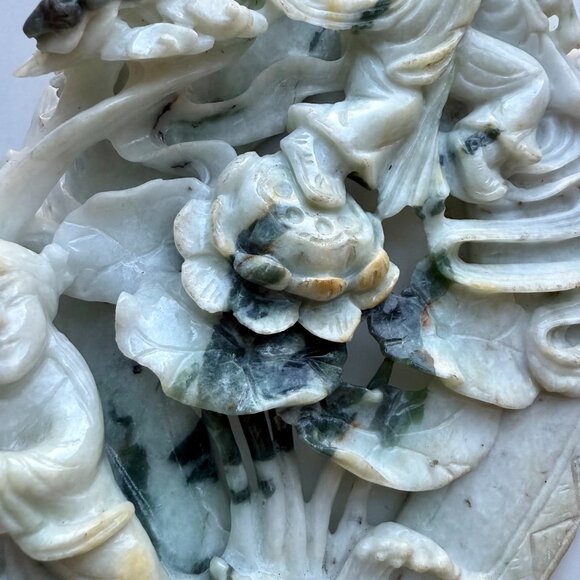Jadeite Carving of "Two Immortals" Hehe Erxian on a carved wood base Antique - Picture 12 of 13